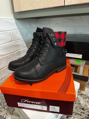 Black Combat Boots with Red Plaid Cuff